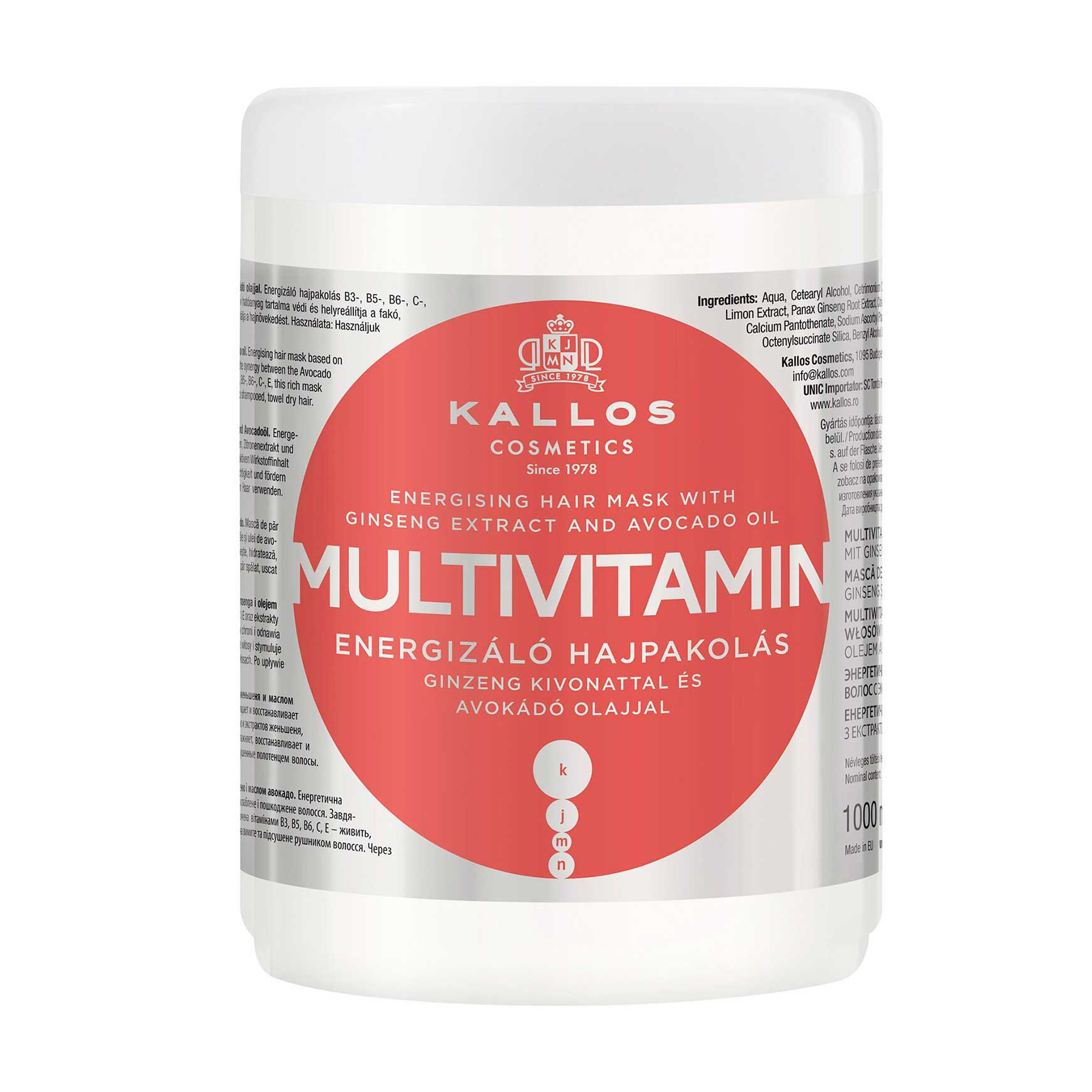Мультивітамінна маска для волосся Kallos Cosmetics KJMN Multivitamin Energising Hair Mask з екстрактом женьшеню та олією авокадо, 1 л